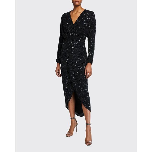 Retrofête Jasmine Black Beaded Sequin Wrap Midi Dress NWT Size Small - Picture 1 of 14